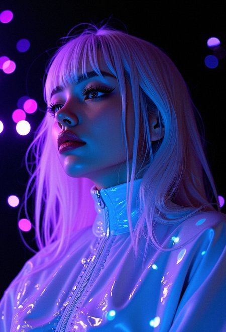 A face close-up of a cosmic beauty with asymmetrical hair,  with luminescent hair and reflective clothing,  in a dark, mystical background with shimmering light patterns accentuating her form.Soft, diffused lighting that highlights the glow in her hair.Cosmic particles illuminated by soft light swirls around her.Color-shifting light that transitions between purple, blue, and white around her.A glossy, high-tech fabric that reflects both the light and shadows around her.Semi-transparent glowing threads weaved throughout the outfit.Detailed cosmic embroidery that catches the light and glows softly. dynamic pose, 









































