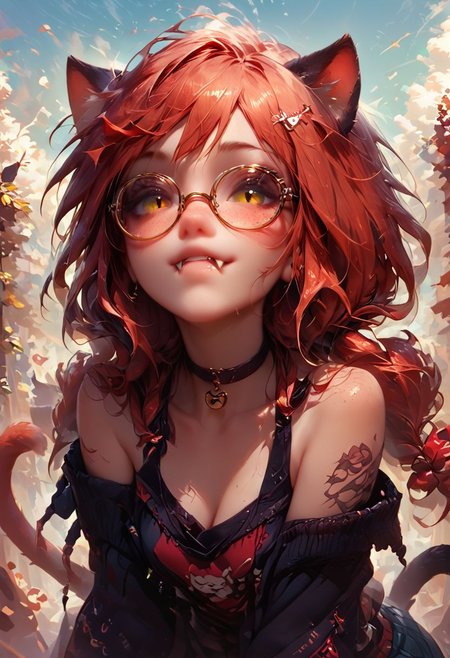 score_9, score_8_up, score_8, score_9, glasses, tattoo, choker, red bow, freckles, piercing, cat ears, tail, cat paw, red bow on hair, cat girl, fangs, nekomiyahinata, perfecteyes