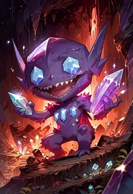 score_9, score_8_up, score_7_up, (source_anime, rating_safe), solo,  (slimes_sableye, chibi body), ( wide smile, open mouth), (cave, glowing crystals, crystals), (detailed image, high resolution, 5k resolution:1.0), (dark theme, dark , dim light)