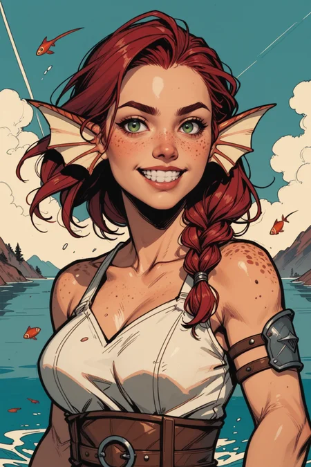 1girl, green eyes, solo, head fins, smile, fins, red hair, freckles, braid, looking at viewer, grin, upper body, teeth, outdoors, water, monster girl, shirt, scales, collarbone, fish girl, detached sleeves, medium hair, artist name, lips, armor, breasts, sleeveless, long hair, belt, bare shoulders, watermark, side braid, <lora:Expressive_H:0.5>, score_9, score_8_up, score_8_up, a_Comic_Illustration, rough lines with ink, (drawn:1.1), (sketch:1.5), (crosshatching:1.25), (comic style:1.1), graphic novel style, sharp lines, hires, zstyle, (western comics \(style\):1.1), (hatching \(texture\):1.2), zPDXL, Mr_Monster_Possitive
