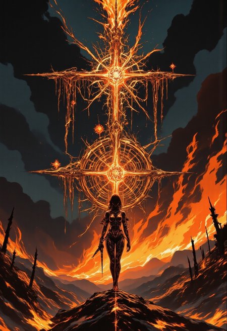 The flames licked hungrily at a chain-bound sigil, its ancient etchings glowing red-hot before surrendering to ash. She stood barefoot in the barren field, clutching a qiang, its darkened blade reflecting the chaos around her. Barbed wire coiled like a serpent through the scattered flowers, each petal trembling in the breath of the fire. The sigil’s destruction split the night with an otherworldly hum, its power evaporating into the void, leaving the air heavy with unspoken oaths. Her silhouette loomed against the inferno, a figure caught between ruin and resolve, the weight of broken symbols dragging at the edges of her soul. CAICO, underfashion, FFAIM, ff-enhance