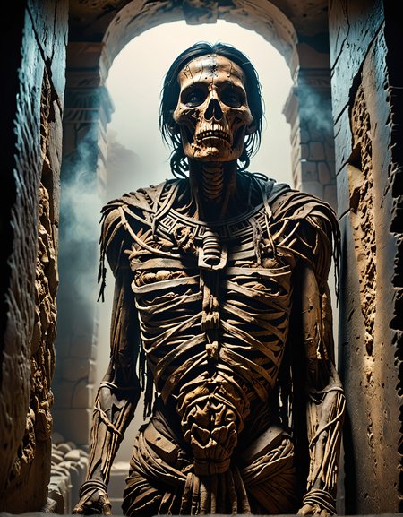 photorealistic professional photo of dry decomposed ancientperuvian mummy standing in a sarcophagus inside and abandoned tomb, teeth exposed  <lora:add-detail-xl:1>  masterpiece, 8k, illustration, cinematic lighting, epic, awardwinning  (volumetric fog:1.7)