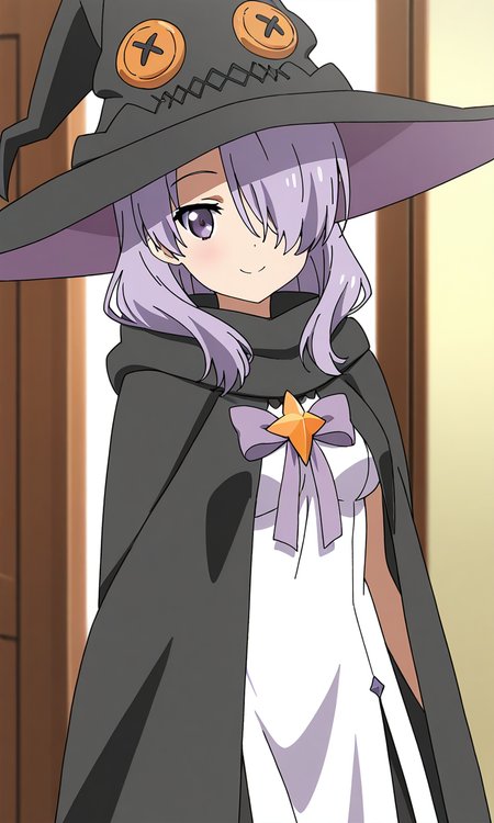 masterpiece, best quality, good quality, <lora:Nanako_Houkago_no_Pleiades_IS:0.9>
Nanako(Pleiades), 1girl, purple hair, hair over one eye, purple eyes, long hair, breasts, anime coloring, 
purple ribbon, hair over one eye, long hair, breasts, 1girl, solo, smile witch hat, looking at viewer, home in the room, cowboy Shot, white dress, black cloak,