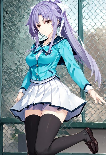 score_9, score_8_up, score_7_up, score_6_up, score_5_up, score_4_up, source_anime, 1girl, solo, 
hime, purple hair, brown eyes, seihuku, light blue uniform, light blue ribbon, white skirt, black_thighhighs, loafers, 
masterpiece, best quality, very aesthetic, absurdres,
