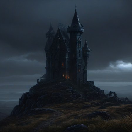 oil painting, fantasy, rpg, a tower in the moorland, dark clouds, dark moor, (misty:1.5), creepy atmosphere, dramatic light, (darkness:2.5), 34K uhd, masterpiece, high detail, 8k, intricate, detailed, high resolution, high res, high quality, <lora:add-detail-xl:1.8>, highly detailed, Extremely high-resolution details, fine texture, darkness, castle