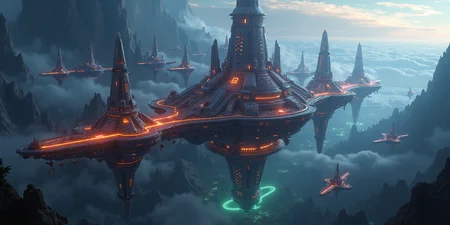 Highly detailed, high resolution photo,futuristic floating city in high orbit over a forest planet. Towering skyscapers,fiber optic highways,pulsating fractals,LED,swirling nebulae of neon-hued light.,  space ships flying around <lora:alien_landscape_flux:1> <lora:aidmaMJ6.1_v0.5_3:0.8> aidmamj6.1 <lora:aidmaImageUpraderv0.3:0.0.35> aidmaimageupgrader <lora:aidmaGLOWV4wc:0.8> aidmaGlow