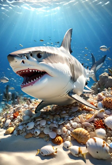 close up angle of, (3d Great White Shark)) surrounded by ocean ,animal, detailed focus, deep bokeh, beautiful, shells, small fish, seabed, Visually delightful , 3D,more detail XL, chibi,
