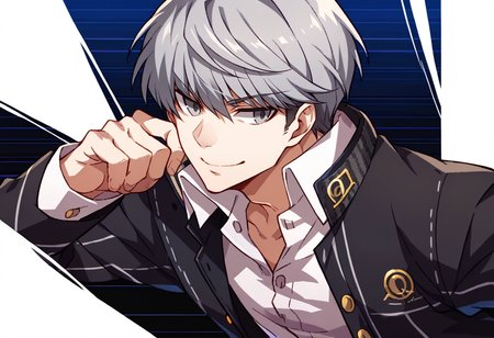 score_9, score_8_up, score_7_up, source_anime, BREAK, solo, 1boy,  smirk, <lora:Under-Night-Cutin-pdxl_Fp:1>, blue background, looking to the side, striped background, <lora:persona4_yunarukami_ponyXL:1>, narukami yu, grey hair, grey eyes, school uniform, black jacket, open jacket, long sleeves, white shirt, collared shirt, black pants,