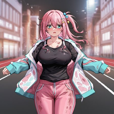 1girl, gotoh hitori, by kodoto, aqua eyes, black shirt, blurry, blurry background, breasts, collarbone, cube hair ornament, frown, hair between eyes, hair ornament, hot, jacket, large breasts, long hair, long sleeves, one side up, open clothes, open jacket, open mouth, pants, pink hair, pink jacket, pink pants, shirt, sleeves past wrists, solo, stain, stained clothes, sweaty clothes, track jacket, track pants,