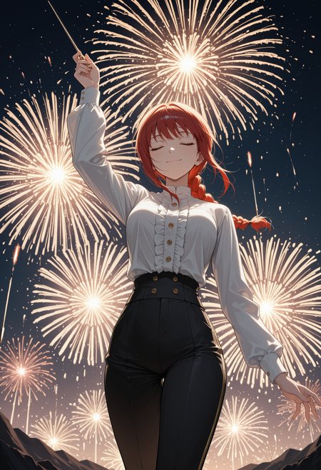 masterpiece, best quality, highres, absurdres, very awa, 1girl, solo, mak1madef, long hair, red hair, braided ponytail, ringed eyes, black pants, conductor, frills, gold trim, long sleeves, white shirt, fireworks, aerial fireworks, outdoors, arm up, conductor baton, cowboy shot, hand up, holding baton, music, musical note, standing, closed eyes, facing ahead, from below, buttons, night, night sky, closed mouth, smile