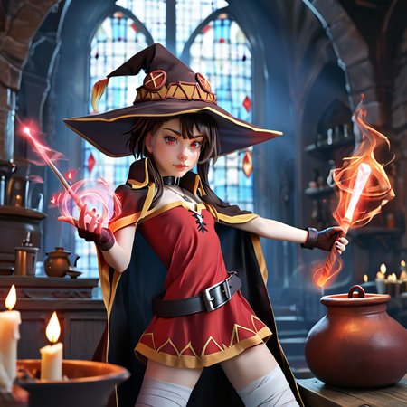 score_9. score_8_up, score_7_up, score_6_up, score_5_up, score_4_up, 
 <lora:Megumin_Pony:1> , Megumin, short_hair, sidelocks, brown_hair, red_eyes,