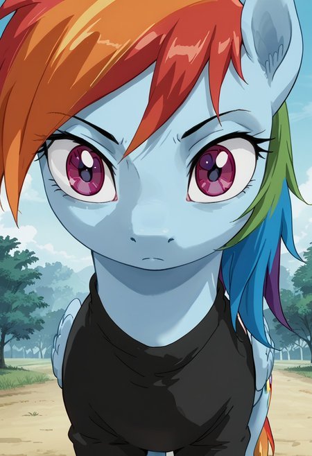 score_9, score_8_up, score_7_up, anime screencap, BREAK, my little pony Rainbow Dash, a blue pegasus with purple eyes and rainbow mane and tail, source_feral, outdoors, daylight, insanity-angle, expressionless face, source_anime, retro anime style