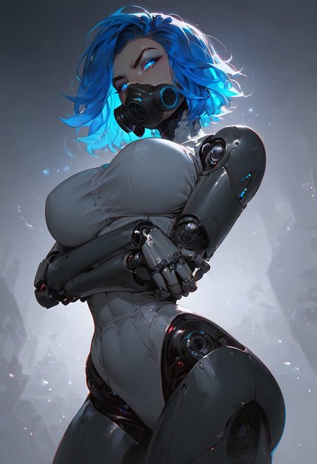 score_9, score_8_up, score_7_up, score_6_up, , a woman, robot girl, robot arms, robot legs, perfect cute face,crossed arms in front of body, perfect beautiful face, circuits on face, blue eyes, short blue hair,  ((big perfect breasts)), squeezing  breasts together, seductive, sexy pose, bubble ass, perfect ass, thick ass, narrow waist, wide hips , dynamic angle, ultraHD, ultrarealistic, unique angle, unique perspective, disgust, dynamic pose, cinematic lighting, volumetric lighting,gas mask, glowing eye,dramatic angle,nightime, moonlight, futuristic bedroom, BREAK