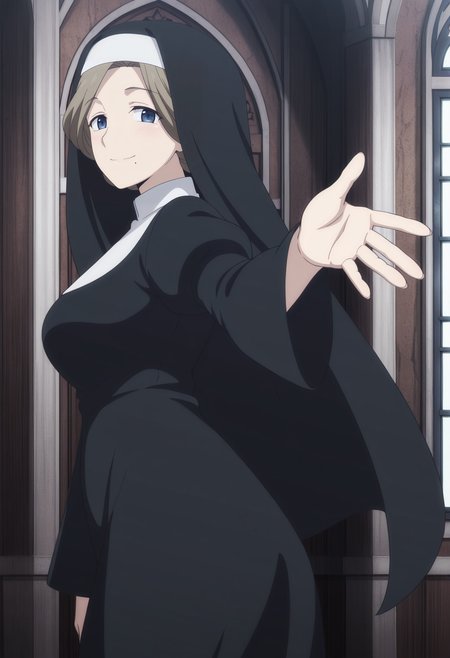 1girl,solo,mm,mature female,brown hair,mole under mouth,blue eyes,anime coloring,
nun,habit,church,outstretched arm, cowboy shot, looking at viewer, smile, light blush, standing, from side, 
,masterpiece,best quality,amazing quality,<lora:Sister-Kinsou_no_Vermeil:0.8>