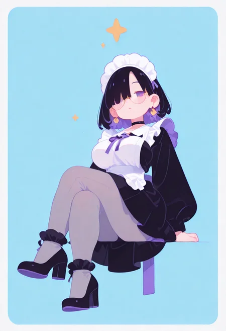 masterpiece, best quality, good quality, very aesthetic, absurdres, newest, 8K, viewed from below, legs focus, legs awe, full body, perspective, BREAK 
side portrait of stunning girl sitting, legs crossed, bangs, black hair, bobcut hair, purple eyes, choker, hair over one eye, (rimless big round glasses), large breasts, earrings, ear pierces, ultra detailed decorative victorian gossamer clothes, very short tight black maid dress, maid apron, multi colored hair, grey tights, black pumps, 
simple pastel turquoise  background with thick white border,
directional lighting, BREAK half closed eyes, blushing, unfocused eyes, slightly parted lips, distant gaze, emotionless look,
chubby legs, thick legs, skindentation, thick ankles, 
ultra-realistic, Flatline, Flat vector illustration, haiz_ai, no lineart, no outline,
pplegs,  
<lora:haiz_ai_illu:0.8> <lora:flatline:1.65>  <lora:ponyv6_noobE11_2_adamW:0.25>  <lora:Slider-LimbWidth:1.5> <lora:Slider-LegLength:-1.5> <lora:v0.04_Concept_pony:0.29>