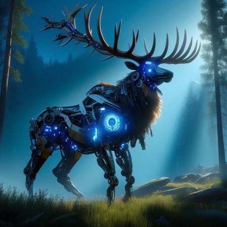 Full metal robot, non- humanoid robt, scifi,   (Ultra Realistic:1.0),32k,(Masterpiece:1.0),(High Detailed Skin:1.0),( High Quality:1.0), (Detailed Realistic Background:1.3), (Official Art, Beautiful and Aesthetic:1.2), (Realistic Lighting:1.0), glowing, day, science fiction, nature, grass, deer, scenery, mountain, non-humanoid robot, forest, "An imposing, machine-like elk standing majestically on mountain edge looking at sky, its intricate mechanical parts inspired by the Horizon Zero Dawn style. The elk’s body is a blend of organic and metallic elements, with glowing blue lights coursing through its frame, reflecting the technological sophistication of a bygone era. Its angle are vast and sharp, made of gleaming steel, resembling a regal crown.
The scene is set in a deep of field, epic cinematic lighting, view from below dramatic sky with beams of cinematic light piercing through the canopy, casting dramatic shadows across the elk’s form. The atmosphere is epic and tense, as the elk stands still, as if inspecting its surroundings with quiet intelligence. The mood is both mysterious and foreboding, emphasizing the contrast between nature and technology, framed in high resolution and intense detail, evoking the visual grandeur and storytelling depth of Horizon Zero Dawn."
