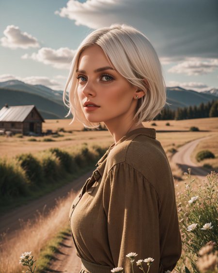 (macro shot:1.4), (Sn0frid_v1, white hair:1.3),  medium bosom, (style of Dorothea Lange) rugged frontier homestead woman, 1800s Montana, linen blouse, long skirt, apron, practical sturdy boots, earthy tones, natural fibers, rustic charm, sepia-toned aesthetic, arid golden prairie, wooden cabin, wildflowers, cracked soil, farm tools, weathered textures, sun-dappled lighting, determined expression, confident pose, wind-tousled hair, (dramatic clouds:1.2), vast open landscape, vintage authenticity, pioneering spirit ,