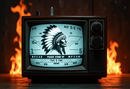 A high-resolution image of a classic 1970s 'under maintenance' TV screen. The screen features a Native American head in a headdress, similar to the traditional test patterns used in that era. The test pattern includes various measurement marks, circles, lines, and geometric shapes, all in a grayscale color scheme. In the center, where it traditionally says "PLEASE STAND BY," replace it with "THIS IS FINE" in a retro font. The overall design should evoke nostalgia, with an aesthetic that captures the look and feel of 1970s television screens. Additional elements like vintage TV knobs, dials, and a slightly worn texture can be added to enhance the nostalgic effect. flames are rising and flickering all around the tv.