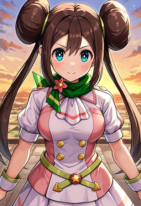 2d, masterpiece, best quality, amazing quality, 1girl, solo, close-up, standing, sky, looking at viewer, scrosa, def colors, blue eyes, brown hair, double bun, twintails, sidelocks, white shirt, yellow buttons, pink shirt, short sleeves, white wrist cuffs, green belt, green scarf, white ascot, white skirt,
