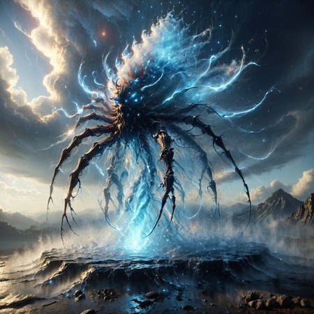 tempestmagic towering insectoid monstrosity, Towering geysers erupting with liquid diamonds,,, Top-down Lighting,, sharp focus, glowing, scifi  trending on ArtStation, masterpiece, fantastic, octane render, 8K HD Resolution<lora:Tempest_Magic_-_XL_Grimoire:0.8> <lora:Lost_In_Dreams:0.6> <lora:RMSDXL_Creative:0.4> <lora:Neon_Style_XL:0.7>