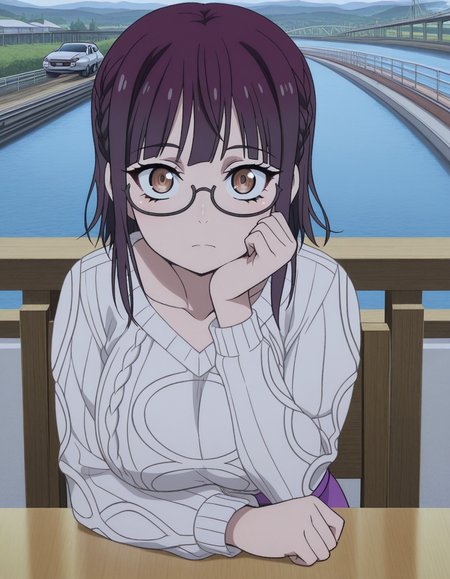 masterpiece, best quality, amazing quality,, <lora:sumika-fujimiya-s1-illustriousxl-lora-nochekaiser:1>, sumika fujimiya, brown eyes, purple hair, braid, glasses, semi-rimless eyewear, under-rim eyewear, mature female, breasts, anime screencap, sweater, long sleeves, collarbone, skirt, purple skirt,, sitting, head rest, table,, bridge, connection, water, road, cars, cowboy shot, solo, looking at viewer,