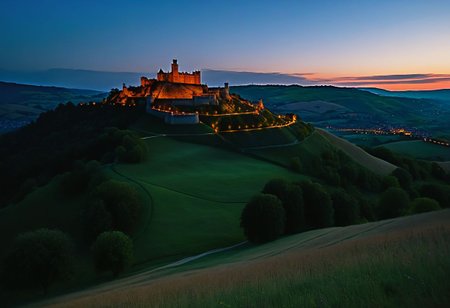 score_9, score_8_up, score_7_up, 
amazing landscape of a rolling hilly valley filled with gorgeous castles on hilltops, dusk, detailed, awesome lighting, uplifting, torches are being lit at the closest of the hilltop citadels,
incredibly realistic, clear, focused, 4k, masterpiece, epic, highest quality,