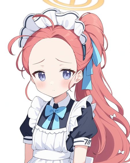 yuzu \(maid\) \(blue archive\),1girl, solo, halo, maid_headdress, white_background, simple_background, maid, looking_at_viewer, forehead, bow, ponytail, alternate_hairstyle, short_sleeves, blush, maid_apron, upper_body, hair_ribbon, ahoge, bag, alternate_costume, puffy_sleeves
<lora:yuzu_(blue_archive)_image343_2023-11-18_spv-000035:1>. gorgeous,key visual, vibrant, studio anime,award-winning, professional, highly detailed,high budget, cinemascope