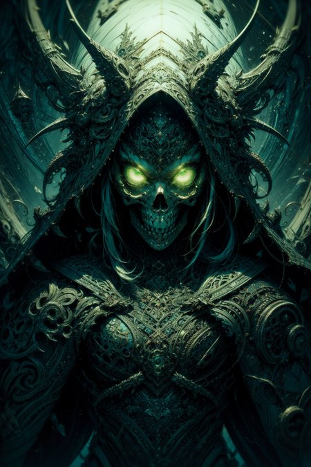 (masterpiece:1.1),  (intricate:1.1), (detailed:1.1), (ornate:1.1), (aesthetic:1.1), BREAK,
(horror:1.2), (grim:1.2), (creepy:1.1), BREAK,
(portrait:1.2), (head and torso:1.3), (occultist:1.1), (standing:1.0), (hood:1.1), (skull face:1.0),  (robe:1.0), (wearing rags:1.1),  (torn clothes:1.2), (sinister:1.1), (emerald jewelry:1.0), BREAK,
(night:1.2), (dark:1.1), (fluorescent green:1.2), (glowing green:1.2), (fog:1.0), (swamp:1.1),(pestilence:1.0), (decaying:1.0), (corrupted:1.0), (unholy:1.0), (gloomy:1.0), (dripping ichor:1.1)