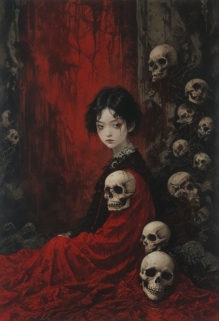 horror painting  , young woman cradling a skull surrounded by endless blood red velvet blankets ,  in the style of  takato yamamoto    , <lora:takma2:1>