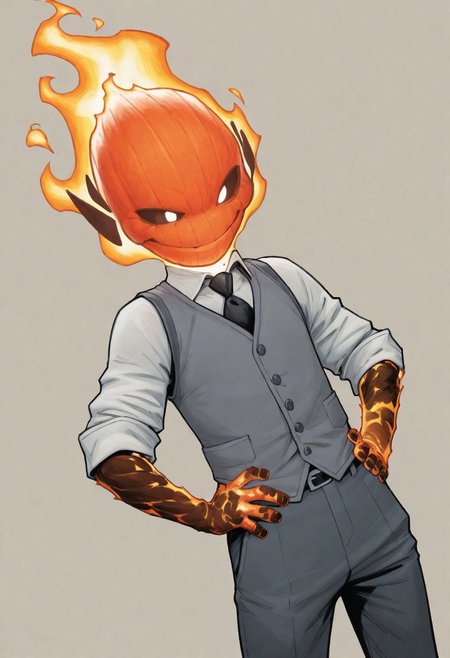 masterpiece, absurdres, high quality, perfect anatomy, 1boy, solo, cute boy, male focus, doyle, Orange Fire, Black Scelera, colored scelera, white shirt, grey vest, belt, sleeves rolled up, smug smile, hands on hips, cinematic, intricately detailed illustration, depth of field, masterpiece, best quality, amazing quality, very aesthetic, absurdres, newest, very awa,  shadow, dynamic angle, casual cosplay, dynamic pose, simple background,