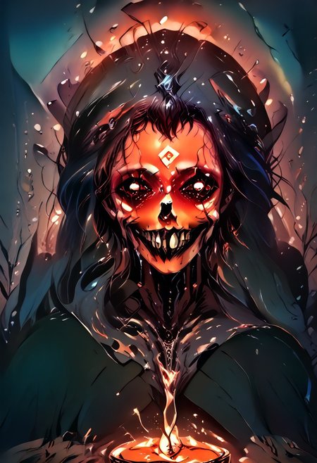 score_9, score_8_up, score_7_up,realistic,realistic style photo,cinematic light, film still,<lora:JuggerCineXL2:1.0>
rostran style, glowing, radiance, light art,horror (theme), eldritch abomination,Beuty,
1girl, necromancer, solo,thin arms, narrow shoulders, petite, Black hair,wavy hair,glowing green eyes, cute, Kawaii,slim girl, Short,
 sharp teeth, evil grin, black sclera, glowing eyes,
Jed-Wtchc, witch outfit,  Pointed hat, black dress,  striped stockings, Side slit on the dress,
in a room, stand on a giant skull (epoxy_skull), in the middle of a pentagram, candles, candle lights, green candle lights,