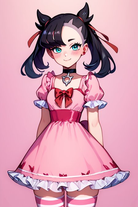 score_9, score_8_up, score_8, medium breasts, (curvy), cute, eyelashes,       BREAK, , Marnie_(Pokemon), aqua eyes, black hair, black choker, red ribbon, pink dress, jewelry,  <lora:Marnie_PDXL_ShadowxArt:0.8>, , BREAK, closed mouth, alternate costume, smile, looking at viewer, blush,  zzLFashion, frilled dress, frills, bow, dress, striped thighhighs, sweetL, cowboy shot,  embedding:zPDXL, Expressiveh,  <lora:Vivid:0.7>,  <lora:LFashionPDXL:1>,  <lora:Uncensored_PonyXL_cpt_v02.09:0.4>,  <lora:Expressive_H-000001:0.4>,