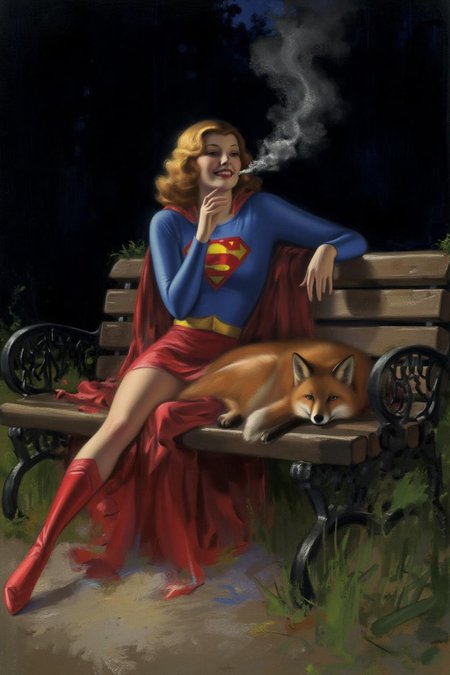 rolfarmstrong1 illustration.
A woman dressed as Supergirl, sitting on a park bench at night. She is smoking. There is a fox sitting beside her.  <lora:rolfarmstrong1_cap_d8a4:1.0><lora:862567507913897256:0>