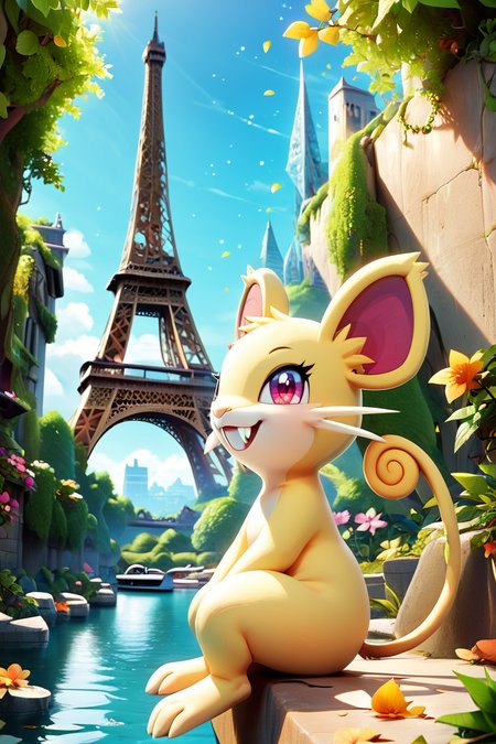 score_9, score_8_up, score_8,   ,,, , ,,,  zzRattata, pokemon (creature), no humans, fangs,  ,<lora:Rattata_Pokemon_PDXL:0.8>,                                                           ,,,, BREAK, zzEiffelTower in background, sitting, watercraft, boat, sitting on wall, side view, looking at viewer, smile, ,,, BREAK, blooming stars, luminescent petals, otherworldly fragrance blurry background, ,,, embedding:zPDXL, Expressiveh, ,,, <lora:EiffelTowerPDXL:1.0>, <lora:CatalystStylePDXL:0.6>, <lora:SDXLFaeTastic2400:0.5>, <lora:Expressive_H-000001:0.4>,