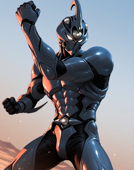perfect depth of field shot, masterpiece, beautiful, sharp focus, crisp details,
<lora:Guyver_(Guyver)_(Illustrious)_(AD):1> Guyver, bioboosted armor, 
exterior, science fiction, high science fiction, action anime style background, 
dynamic action, dynamic perspective, dutch angle, bent knee, cowboy shot, 
male focus, perfect proportions, abs, impressive physique, gradient style anime coloring, strong, handsome facial features, imposing presence, ((colored body, fighting scene, solo, ):1.5), hyper muscular,
EZRealPONYXL, zPDXL, Smooth Quality, lazynsfw,