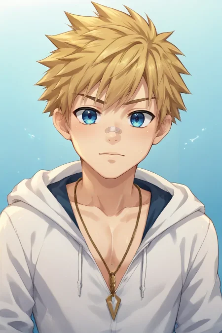 score_9, score_8_up, score_7_up, source_anime, rating_safe, , anime screencap, , official style, , , 1boy, solo, male focus, <lora:connor_bleufin_pony:0.9>, connor_bleufin, blonde hair, blue eyes, short hair, spiked hair, bandaid on face, necklace, , , <lora:sdxl_lightning_8step_lora:1>