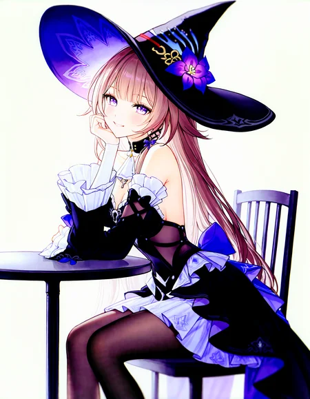 (masterpiece,best quality,newest,very aesthetic,highres,absurdres:1.2), simple background, white background, BREAK
solo, 1girl,<lora:the-herta-illustriousxl-lora-nochekaiser:0.85> the herta, the herta (honkai: star rail), brown hair, long hair, purple eyes, medium breasts, bare shoulders, black dress, black hat, detached sleeves, hat, hat flower, hat ornament, long sleeves, pantyhose, witch hat , 
blush, elbow on table, elbow rest, hand on own cheek, hand on own face, head rest, head tilt, looking at viewer, on chair, sitting, smile, solo, BREAK
<lora:noobai_vpred_1_masterpieces_v23:0.85>, <lora:sample:0.5> (gomzi:0.5),