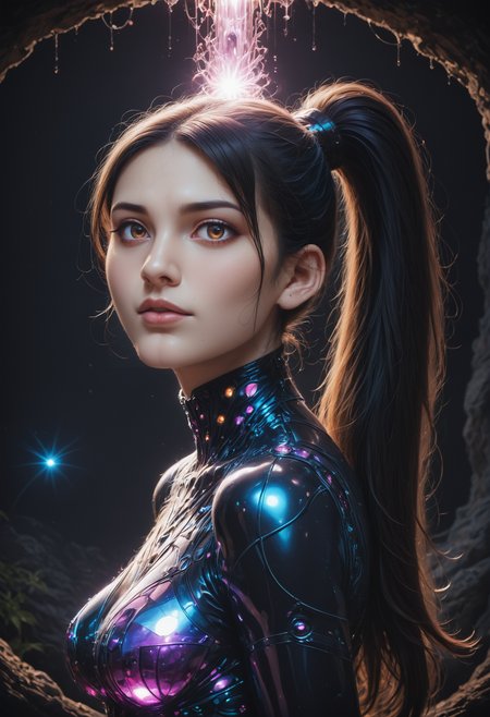 score_9,score_8_up,score_7_up, sorce_real, 8k, hd, (1 girl, brown eyes, high ponytail, bioluminescent latex suit, seij, <lora:Seij-000001:1>), cute and mischievous, black suit, purple details, neon colored glowing particles in the black skin, black skin with neon pink bioluminescence, cinematic light, looking at viewer, dark, night, mysterious atmosphere, floating hearts, beautiful  creatures, flies through a dark stalactite cave at night, bioluminescent icicles on the walls, everything is shrouded in darkness.  <lora:SDXLFaeTastic2400:0.7>, cave by Jed-Cosmos  <lora:Jed-Cosmos-sdxl:0.4>  <lora:ral-swarcrystl-sdxl:0.5> multicolored gemstones made of ral-swarcrystl, black gloves with glowing jewels, upper body, side view