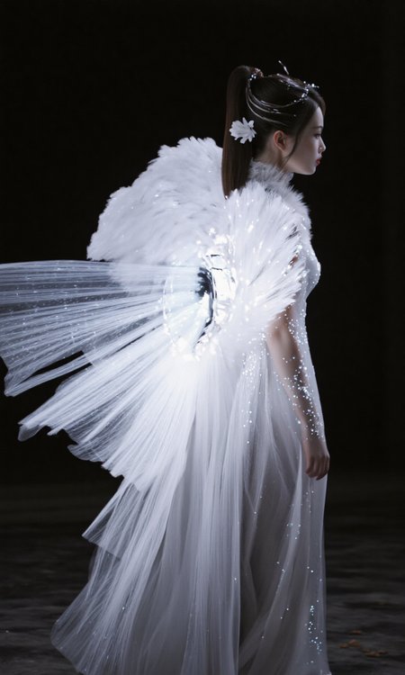 Top Atmosphere Photography Works, extremely realistic, Art by Zhang Jing. 

a fairy wearing (a white Hanfu/made of glowing fiber optic circuits, luminescent fiber-optic electrical circuits),  a pair of folded white glowing giant feather wings, the surrounding is a dark, empty void. the image is high quality and vivid with tech aesthetics.

(photorealistic:1.2), (Extremely realistic, masterpiece, top quality, official art, best quality, beautiful and aesthetic:1.2), 4k, 8k, very rich details, 24bit colors, vivid colors, cinematic color grading,