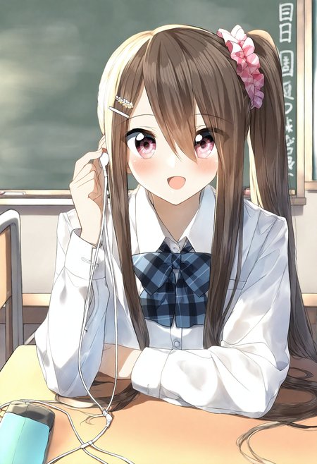 <lora:penta1_noob1.1-000139:0.9>,
1girl, hair ornament, desk, solo, earphones, school desk, hair scrunchie, hair between eyes, long hair, indoors, scrunchie, shirt, blush, bow, pink scrunchie, brown hair, white shirt, looking at viewer, classroom, hairclip, long sleeves, open mouth, smile, chalkboard, earbuds, plaid, collared shirt, side ponytail, one side up, shared earphones, plaid bow, :d, school uniform, holding, dress shirt, very long hair, bowtie, upper body, eyes visible through hair,
masterpiece,best quality,newest,absurdres,highres,very awa,