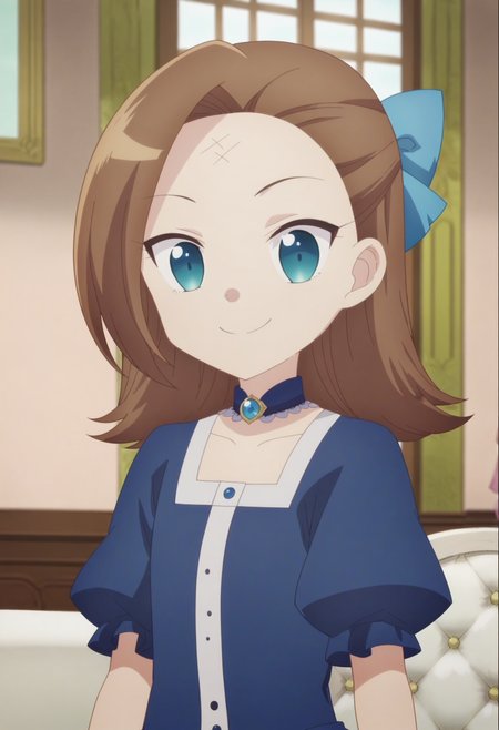 score_9, score_8_up, score_7_up, score_6_up, score_5_up, score_4_up , anime coloring ,BREAK source_anime, anime,screencap,
1girl, solo, katc, forehead mark, blueoutfit, blue dress, blue hair bow,  blue choker,  <lora:PonyXL Young Catarina V2:1>
indoors, upper body
smile, looking at viewer,