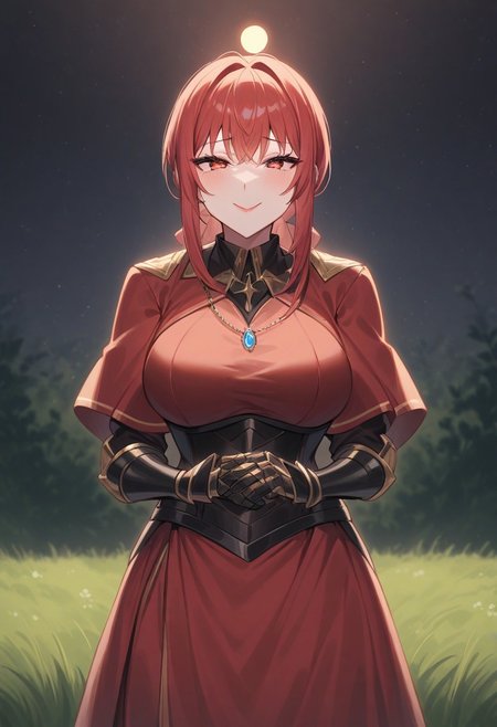 Makima
masterpiece, best quality, very aesthetic, absurdres, 8k,<lora:flat_sdxl:-0.5>,<lora:xl_more_art-full_v1:0.4>, <lora:add-detail-xl:0.35>,<lora:sdxl-hairdetailer_02:0.35>,<lora:offset_0.2:0.65>,<lora:sd_xl_dpo_lora_v1:0.5>, <lora:neg4all_bdsqlsz_xl_V91:0.75>,(ray tracing,:0.6),
<lora:Ani_Fkmk_For31_V2_Prodigy_test:1>,fkmk,
<lora:Ani_Olga_v2_for3.1:0.65>,
olgak,1girl,solo,large breasts,lipstick, makeup,
Red hair,
seductive smile,
pendant, milf, mature woman, 
Pntr,Pnre,<lora:Ani_Metas_V3_For_3.1_Prodigy_test:0.4>,armor,gauntlets, greaves,full armor,waist cape,capelet, 
standing,
holding glowing sword,
Upper body view, 
in meadow,
crescent moon,moonlight,starry sky,
<lora:lowlight:0.7>,lowlight,night, dark background,