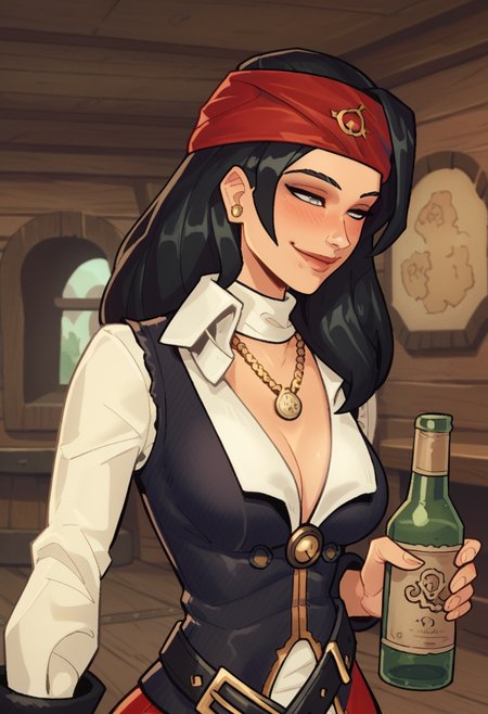 score_9, score_8_up, score_7_up, 1girl, solo, SulfS-PatR2, long hair, black hair, red headband, black vest, white shirt, necklace, red pants, black belt,
pirate hat, holding rum bottle, smiling, upper body, tavern, half closed eyes, drunk,
<lora:Patty_Steelbeard_Character__Outfit_-_Risen_2_Dark_waters:0.8>,    <lora:BalsamiqueLycoXL:0.8>