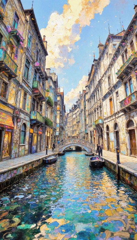FFAIM,gold dust,DB4RZ style painting,golden cracks on white,mad-glwnggltch,horizontal brush stroke pattern,klimt, dyad color in fine details, Venetian canal cityscape, dynamic three-quarter shot, cerulean sky, cumulus clouds, pastel palette,  lampposts with floral adornments, small arched bridge, moored boats, meticulous architectural details on buildings, iridescent water reflections, effervescent lighting, wide-angle lens. Augment with ephemeral mist, distant gondolas, flags with intricate designs, and subtle ambient sounds.