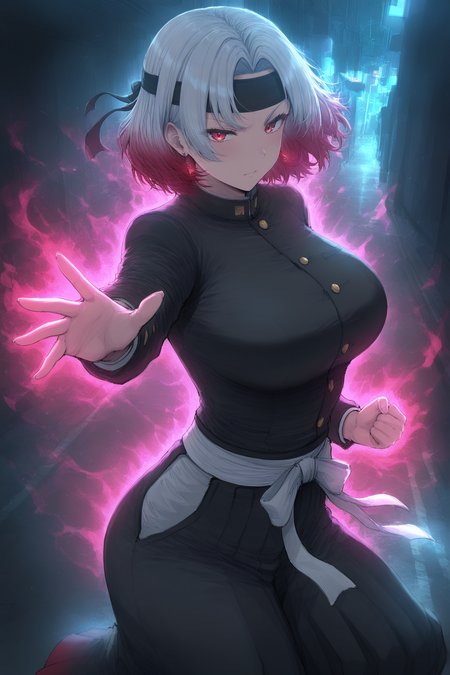 1girl, solo, outdoors, night, dark, red theme, looking at viewer, varukyure, multicolored hair, white hair, red hair, short hair, red eyes, jewelry, earrings, collar, headband, black headband, toned, serious, cowboy shot, gakuran jacket, long sleeves, puffed sleeves, white belt, hakama pants, dynamic pose, fighting stance, aura, red aura, sketch, lineart, outstretched hand, reaching towards viewer, mature female, AiLoveHigokko, masterpiece, best quality, good quality, newest