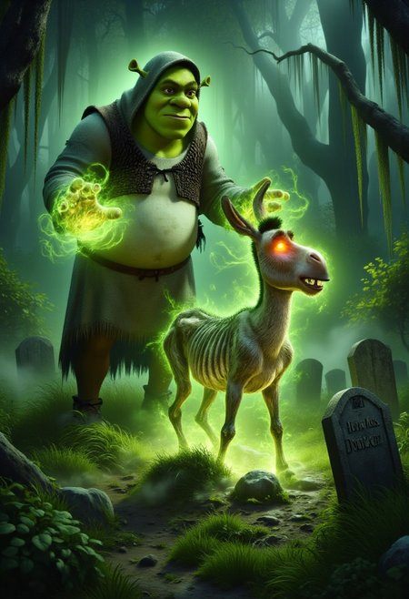 Shrek, dressed as a necromancer in a dark, tattered hooded robe, stands in a misty, overgrown cemetery. He is using green necromantic energies to raise Donkey from a grave. A tombstone reads "Here lies Donkey"
