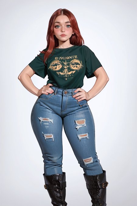 <lora:RealMix27:1>, score_9, score_8_up, score_7_up, score_6_up, score_5_up, rating_questionable, source cartoon
1girl, pretty face, pretty eyes, detailed eyes, HD eyes, thick thighs
hands on hips, standing, cowboy shot
looking at viewer, blush, eyebrows, long hair, red hair, green eyes jeans, green t-shirt, boots, high waisted jeans
simple background, white background