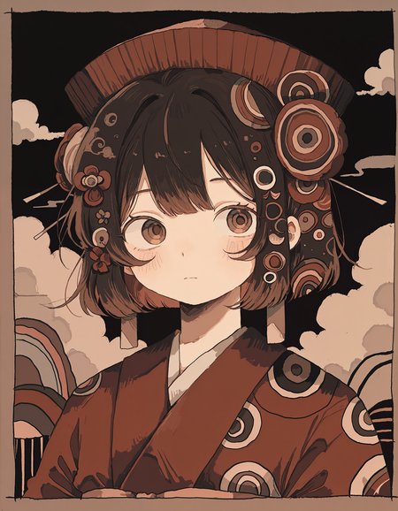 masterpiece,  best quality, newest, highres, absurdres, <lora:wasabi_natsume_style_r1:1>,wasabi_natsume_illu,abstract,surreal,  1girl, solo, japanese clothes, kimono, upper body, brown eyes,cloud, short hair, closed mouth, blush, brown hair, red headwear, hair ornament, border,blending,