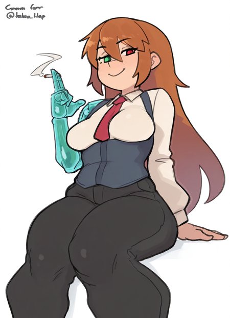 <lora:karu184ILLUS:1> karu184, 
(masterpiece), (best quality), (ultra-detailed), amazing quality, very aesthetic, illustration, perfect composition, intricate details, absurdres, incredibly absurdres, shiny skin, realistic,
dynamic pose, perspective, karu_184, echo_saber, echosaber, 1girl, long hair, red necktie, between breasts, brown hair, red eyes, heterochromia, smoking, sitting, white background, pants, white shirt, smile, prosthesis, mechanical arms, holding cigarette, underbust, simple background, prosthetic arm, looking at viewer, single mechanical arm, twitter username, medium breasts
