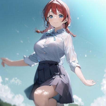 (((masterpiece))), ((best quality)), ultra high res, detailed, 
<lora:emmaverde:0.9>
1 girl, blue eyes, red hair, twin braids,